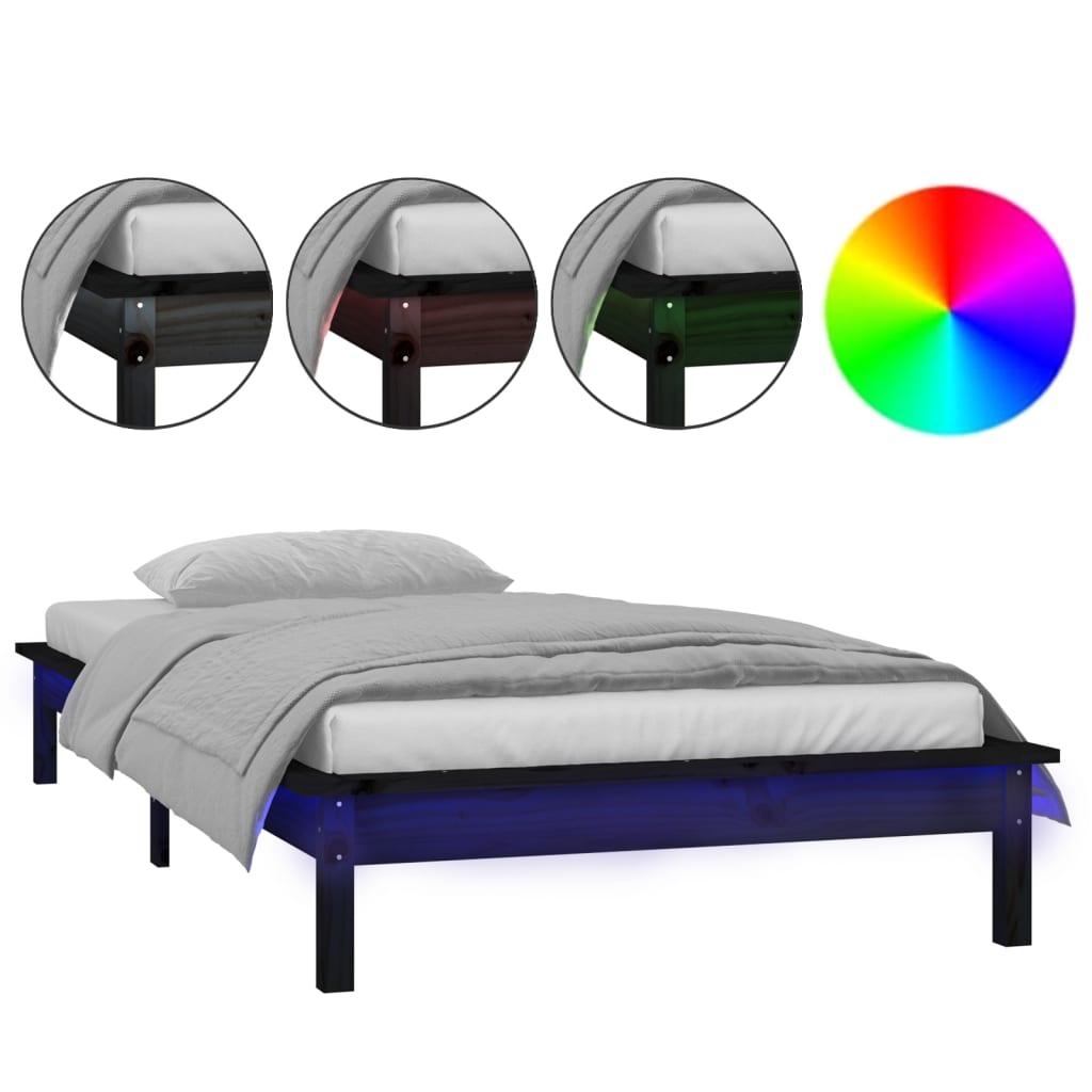 Cadru de pat cu LED Single 3FT, negru, 90x190 cm, lemn masiv - Lando