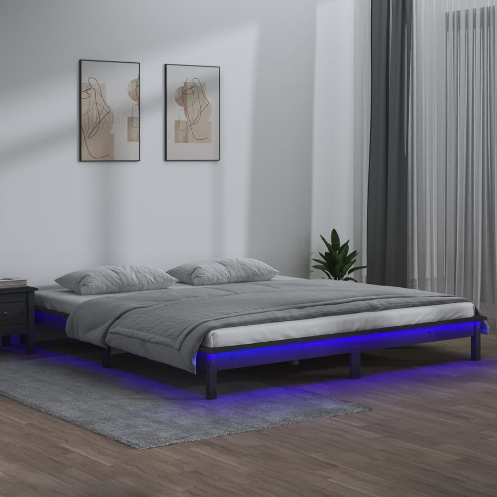 Cadru de pat cu LED mic dublu 4FT, gri, 120x190 cm, lemn masiv - Lando