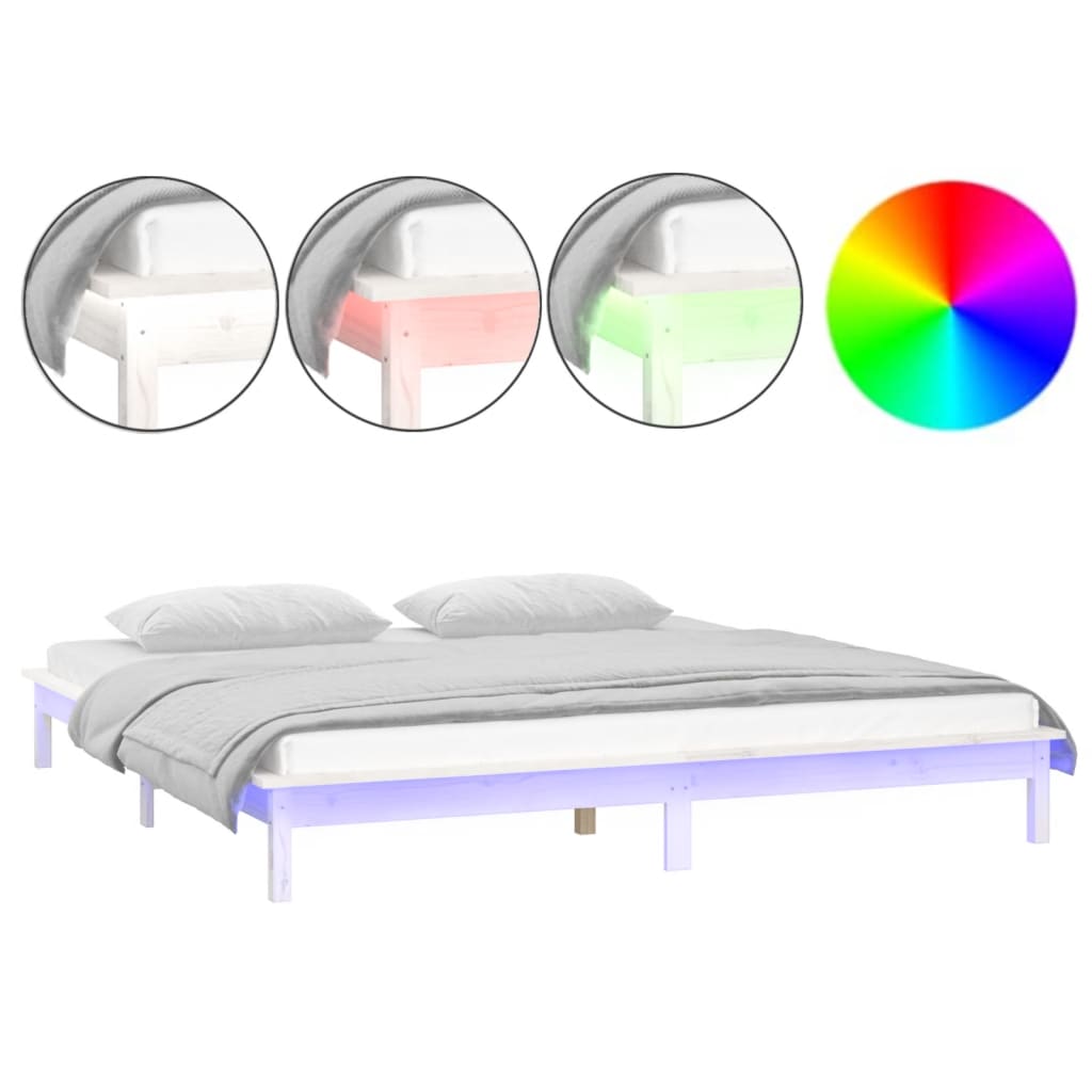 Cadru de pat cu LED, dublu, alb, 135x190 cm, lemn masiv - Lando