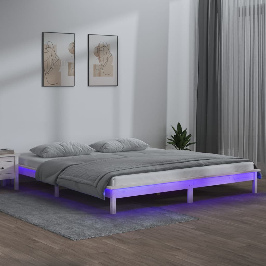 Cadru de pat cu LED, dublu, alb, 135x190 cm, lemn masiv - Lando