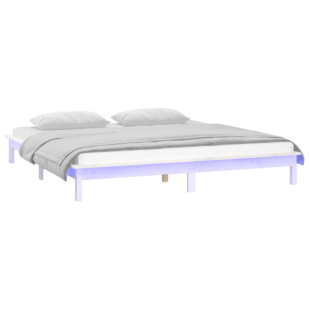 Cadru de pat cu LED, alb, 140x190 cm, lemn masiv - Lando