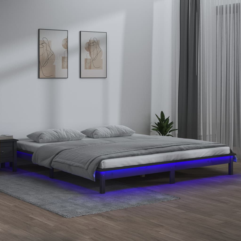 Cadru de pat cu LED, gri, 140x190 cm, lemn masiv - Lando