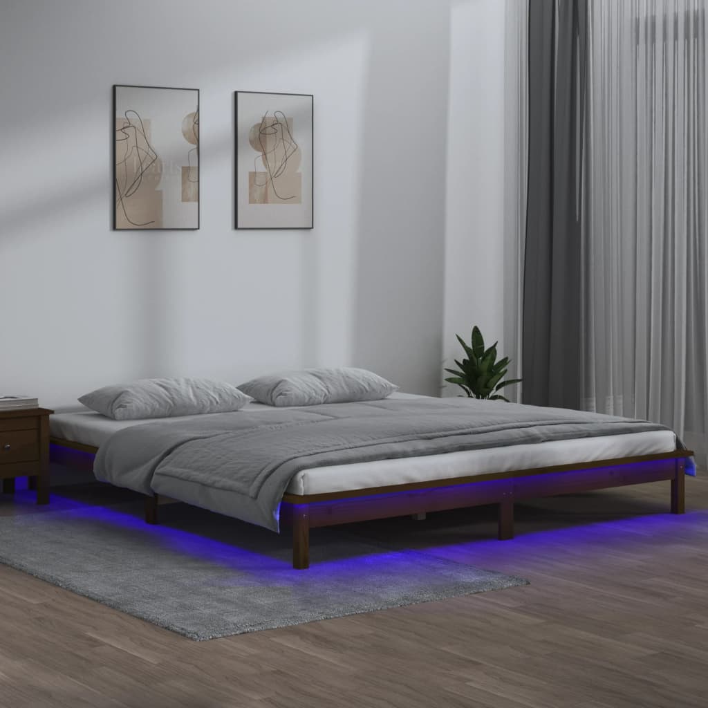 Cadru de pat cu LED, maro miere, 140x190 cm, lemn masiv - Lando