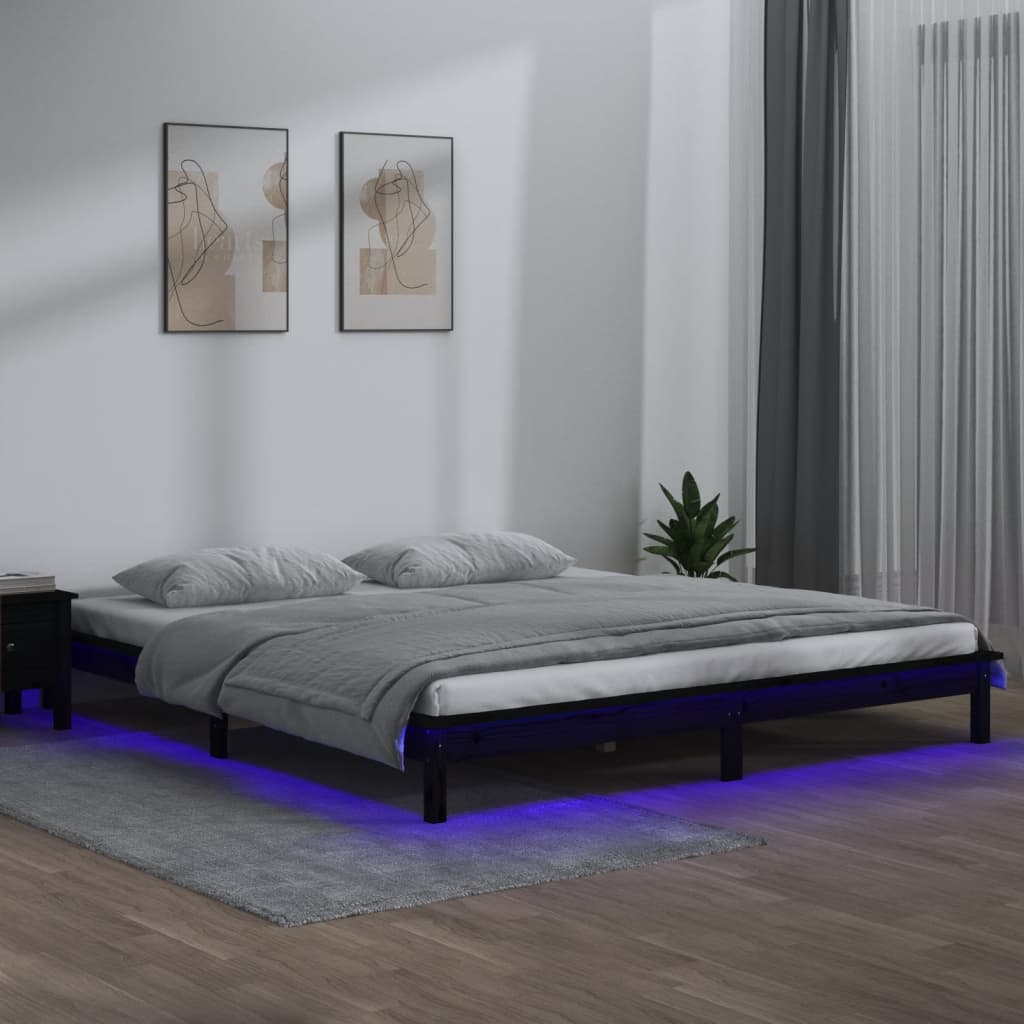 Cadru de pat cu LED, negru, 140x190 cm, lemn masiv - Lando