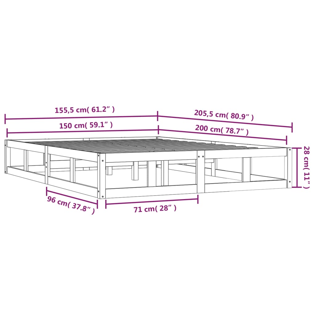 Cadru de pat, gri, 150x200 cm, lemn masiv, King Size 5FT - Lando