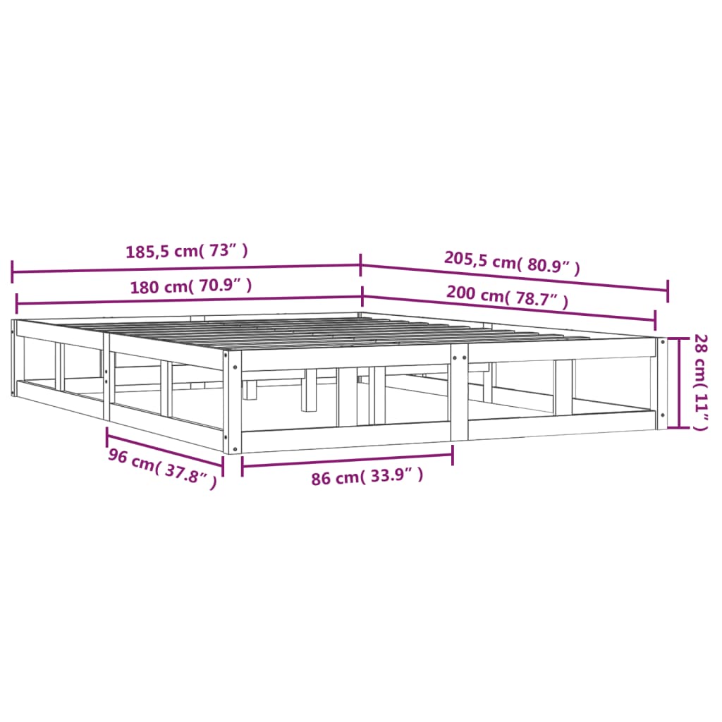 Cadru de pat Super King 6FT, alb, 180x200 cm, lemn masiv - Lando