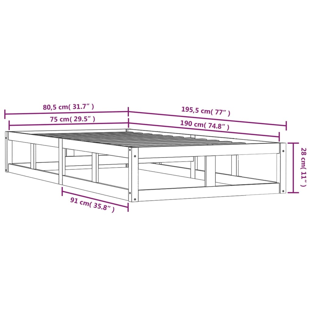 Cadru de pat mic single 2FT6, negru, 75x190 cm, lemn masiv - Lando