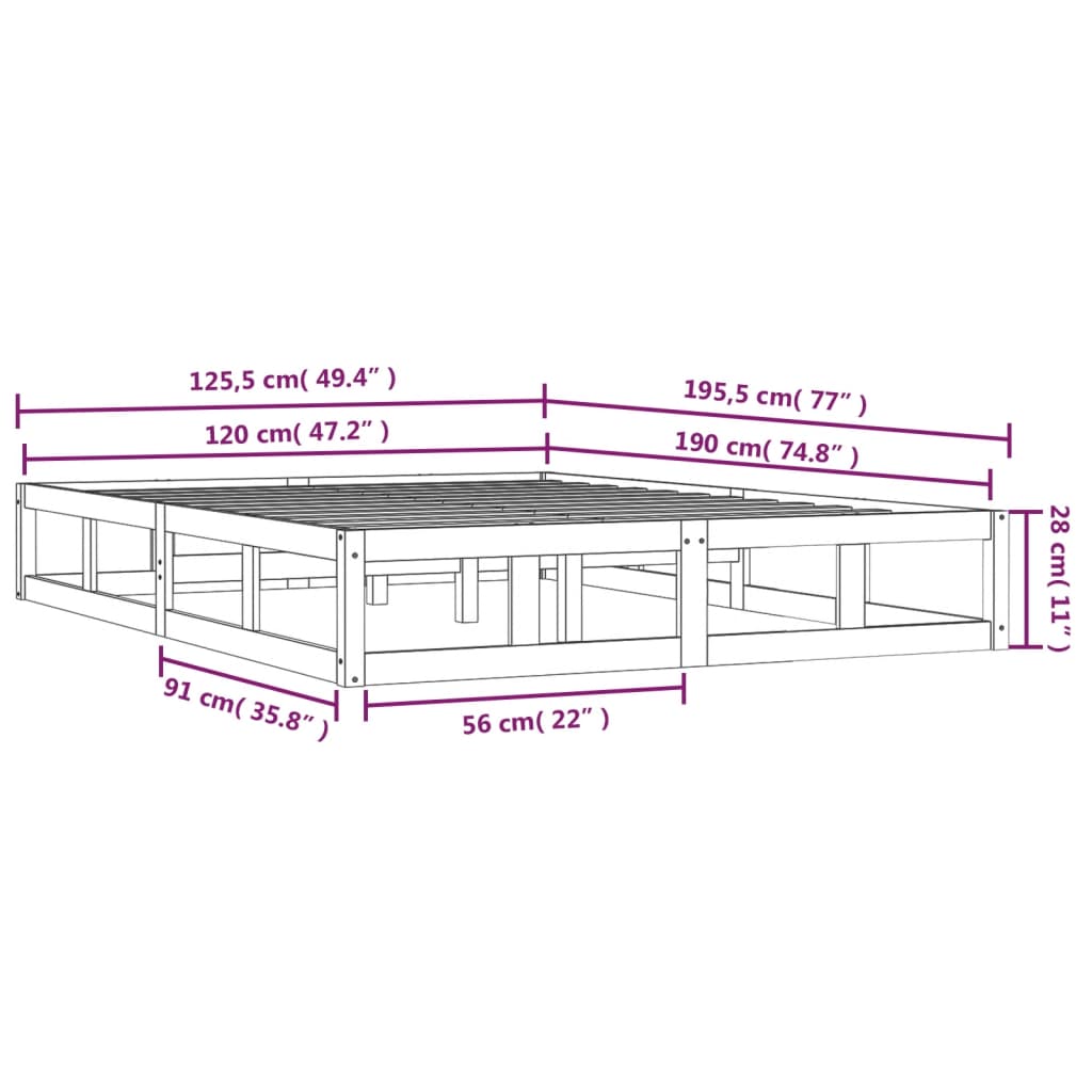 Cadru de pat mic dublu 4FT, 120x190 cm, lemn masiv - Lando