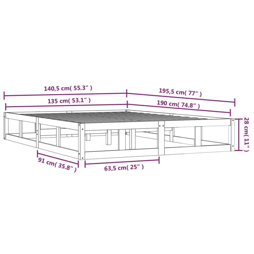 Cadru de pat dublu 4FT6, maro miere, 135x190 cm, lemn masiv - Lando