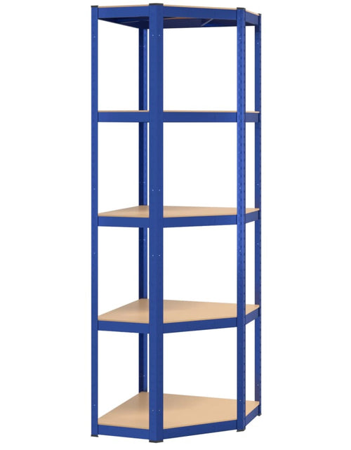Încărcați imaginea în vizualizatorul Galerie, Raft de colț cu 5 niveluri, albastru, oțel și lemn prelucrat - Lando
