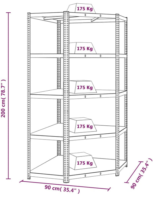 Încărcați imaginea în vizualizatorul Galerie, Raft de colț cu 5 niveluri, argintiu, oțel și lemn prelucrat - Lando
