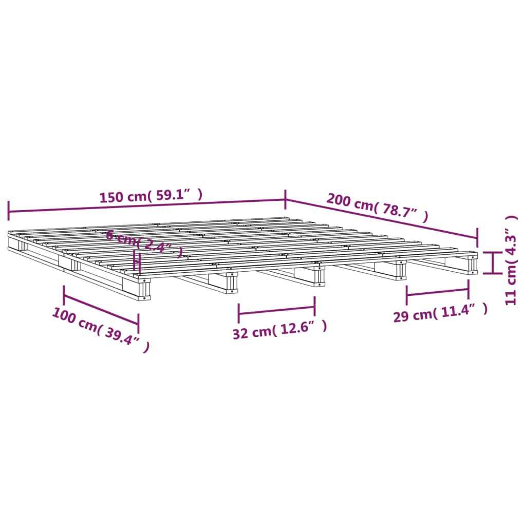 Pat din paleți King Size 5FT, gri, 150x200 cm, lemn masiv pin - Lando