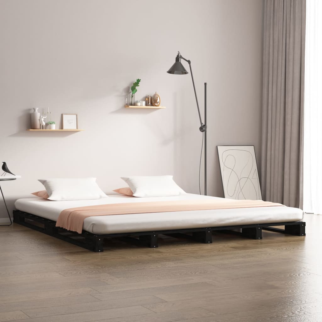 Pat din paleți King Size 5FT, negru, 150x200 cm, lemn masiv pin - Lando