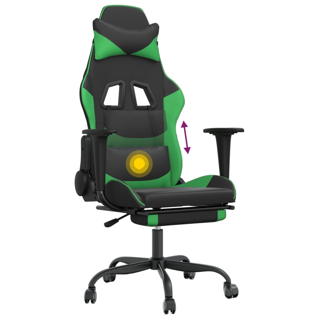 Scaun gaming de masaj/suport picioare, negru/verde, piele eco - Lando