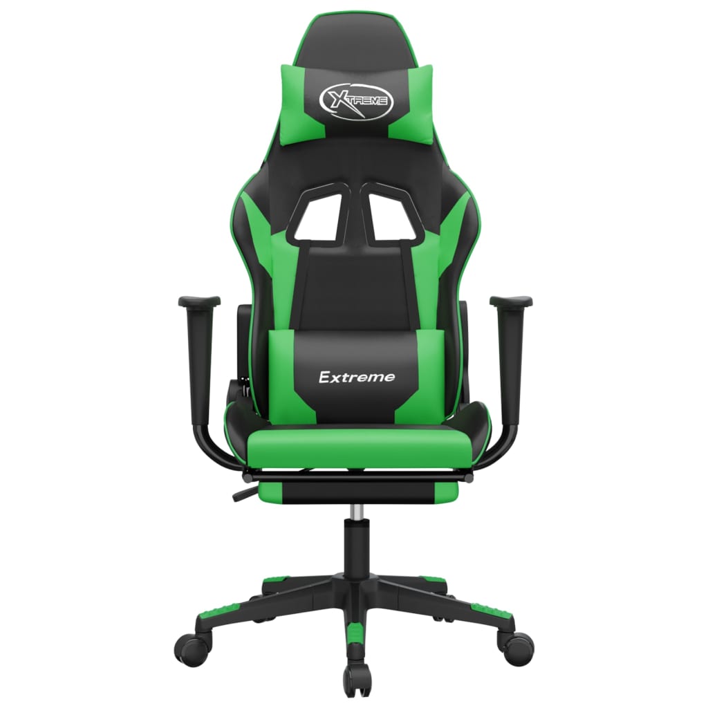 Scaun gaming de masaj/suport picioare, negru/verde, piele eco - Lando