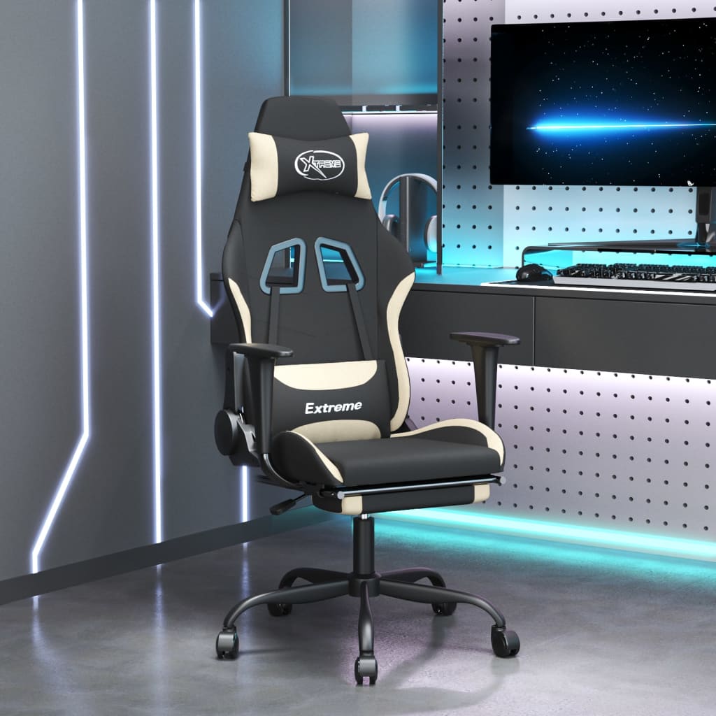 Scaun de gaming cu masaj/suport picioare, negru și crem, textil - Lando