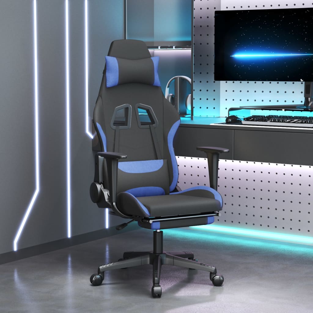 Scaun de gaming cu masaj/suport picioare, negru/albastru textil - Lando