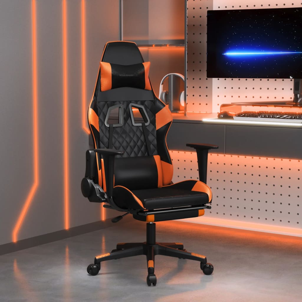 Scaun gaming masaj/suport picioare, negru/portocaliu, piele eco - Lando