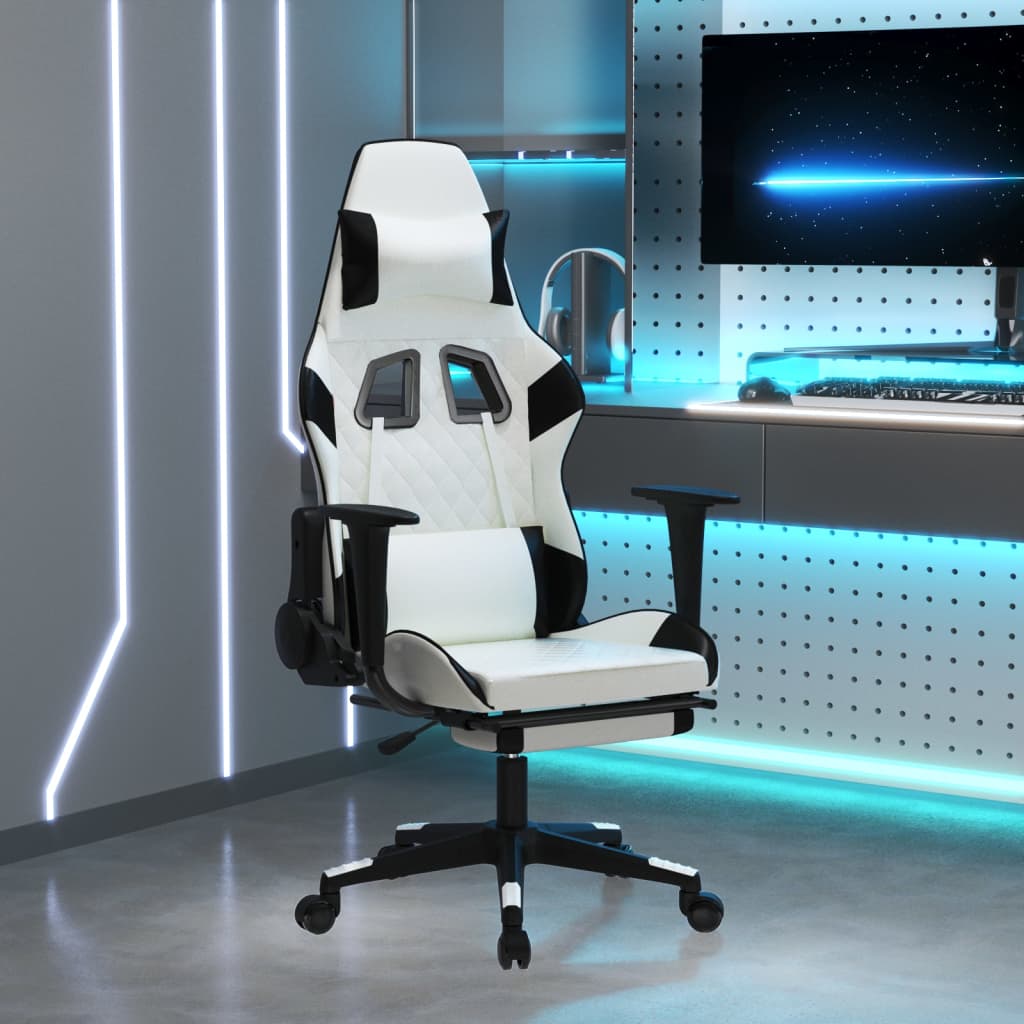 Scaun de gaming masaj/suport picioare alb/negru piele eco - Lando