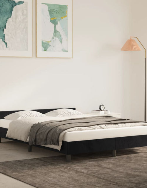 Încărcați imaginea în vizualizatorul Galerie, Cadru de pat cu tăblie, negru, 140x200 cm, catifea - Lando
