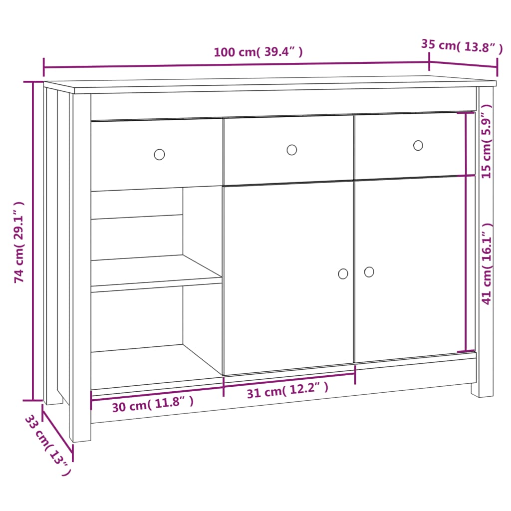 Servantă, alb, 100x35x74 cm, lemn masiv de pin Lando - Lando