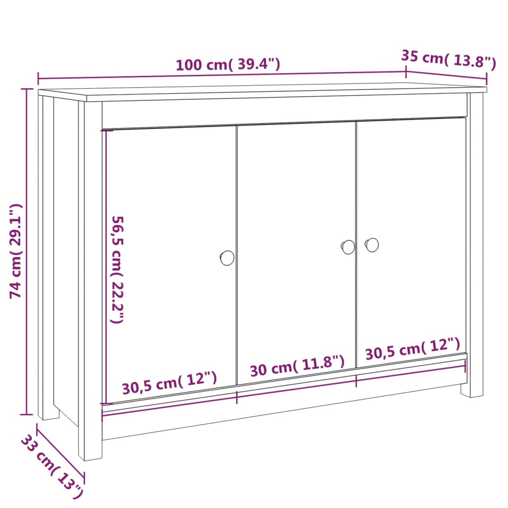 Servantă, alb, 100x35x74 cm, lemn masiv de pin Lando - Lando