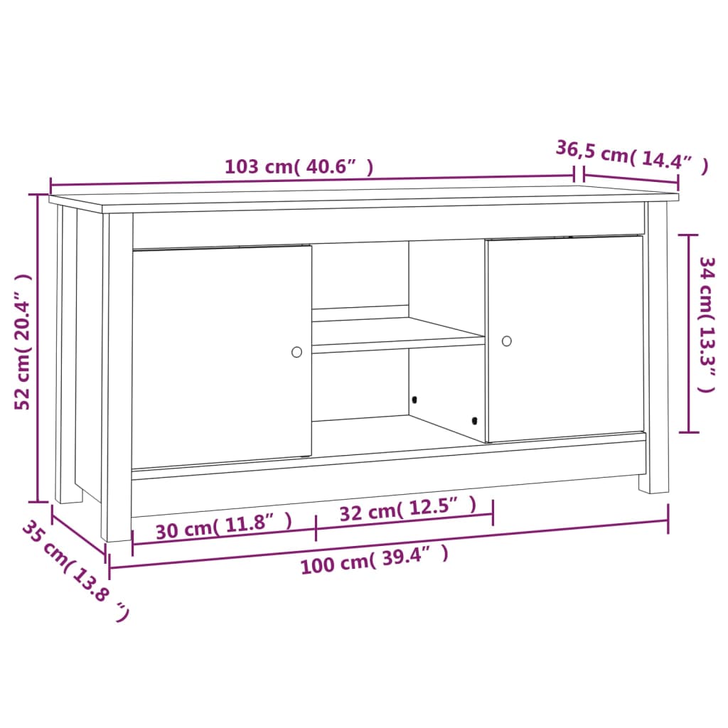 Comodă TV, alb, 103x36,5x52 cm, lemn masiv de pin Lando - Lando