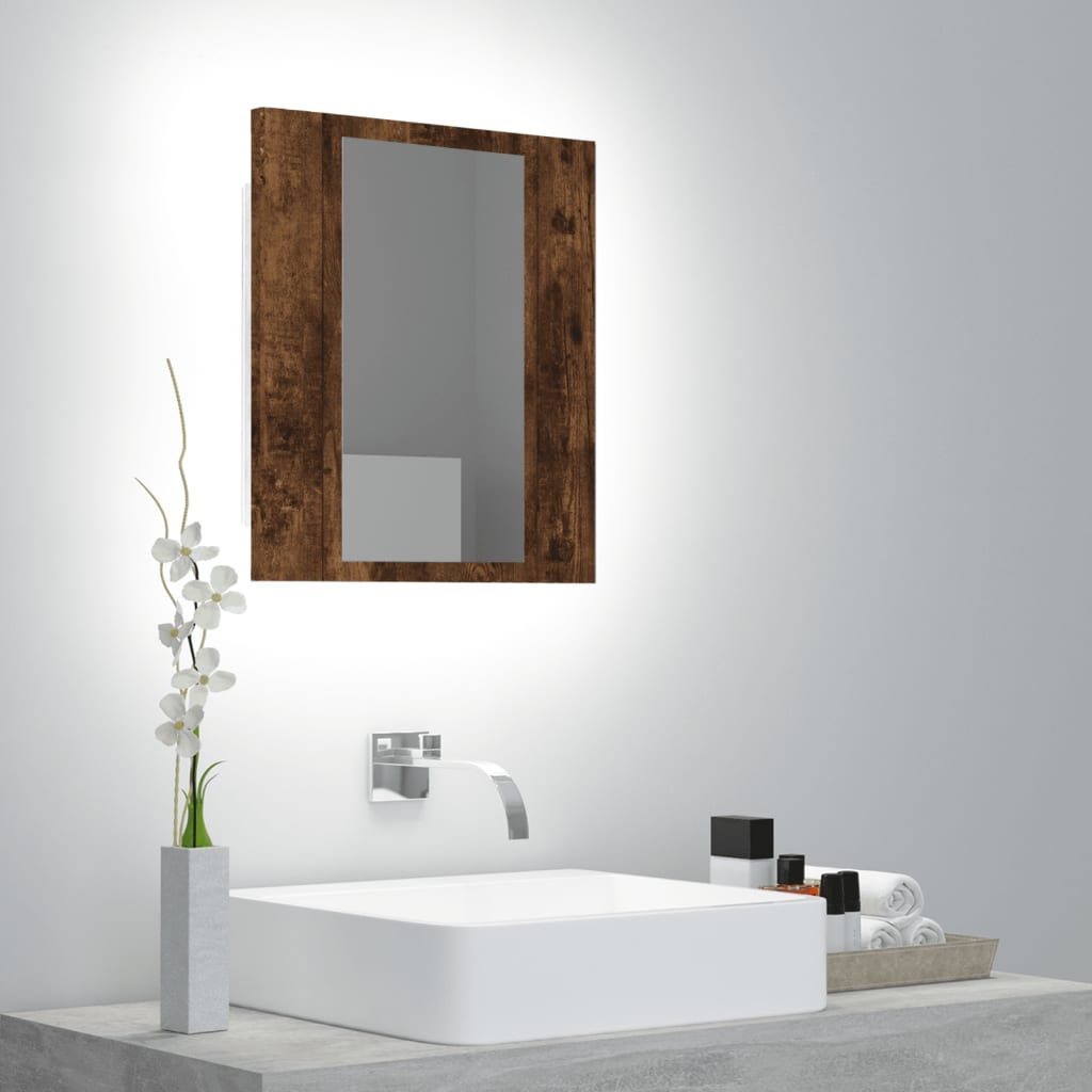 Dulap cu oglindă de baie LED, stejar fumuriu, 40x12x45 cm, lemn Lando - Lando