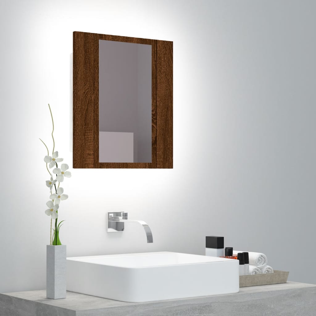 Dulap cu oglindă de baie LED, stejar maro, 40x12x45 cm, lemn Lando - Lando