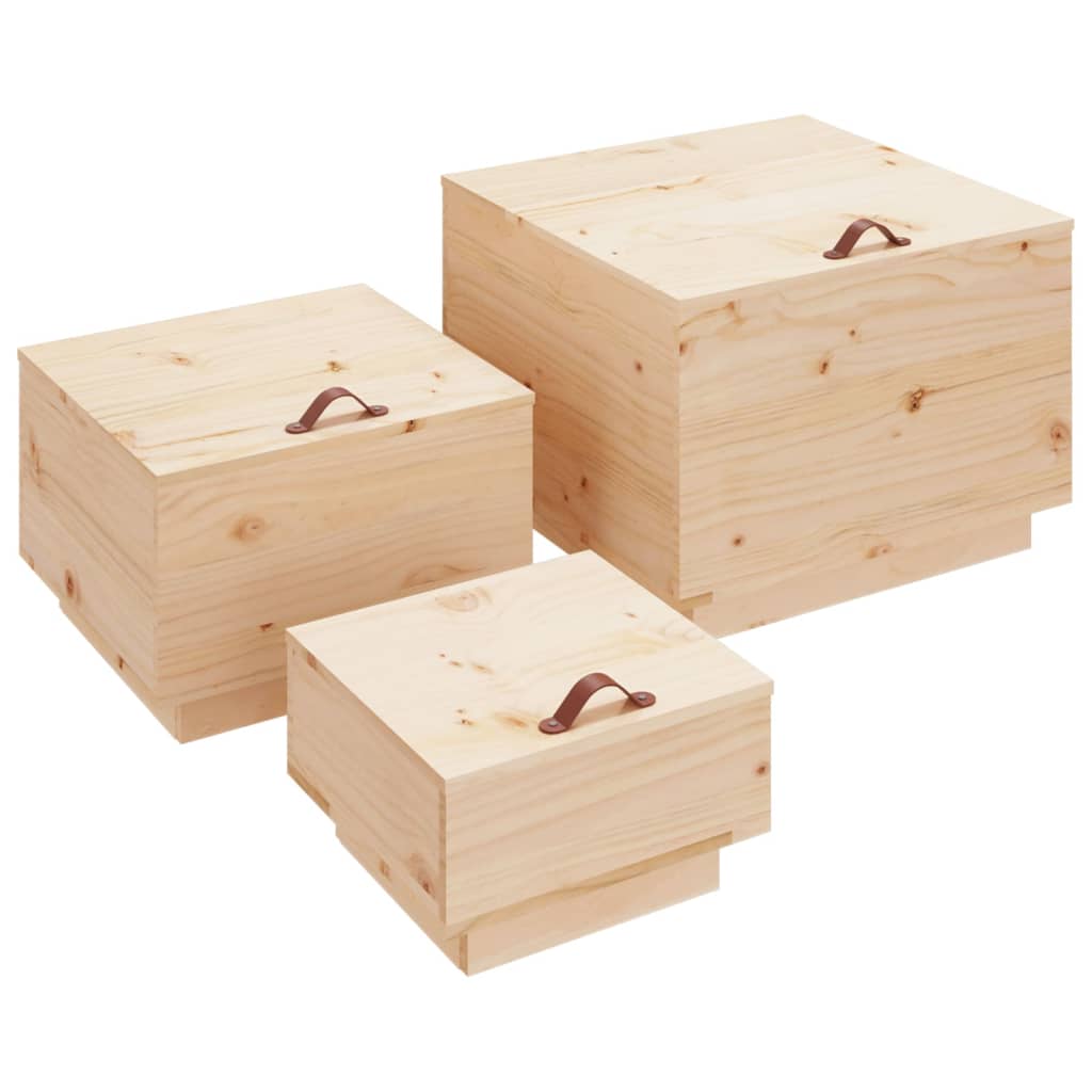 Cutii de depozitare cu capace, 3 buc., lemn masiv de pin - Lando