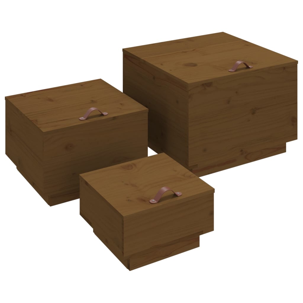 Cutii de depozitare cu capace 3 buc. maro miere lemn masiv pin - Lando