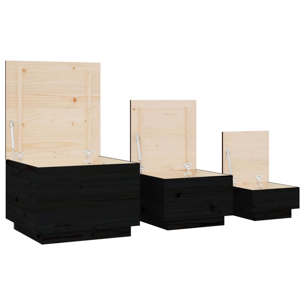 Cutii de depozitare cu capace 3 buc. negru lemn masiv de pin - Lando