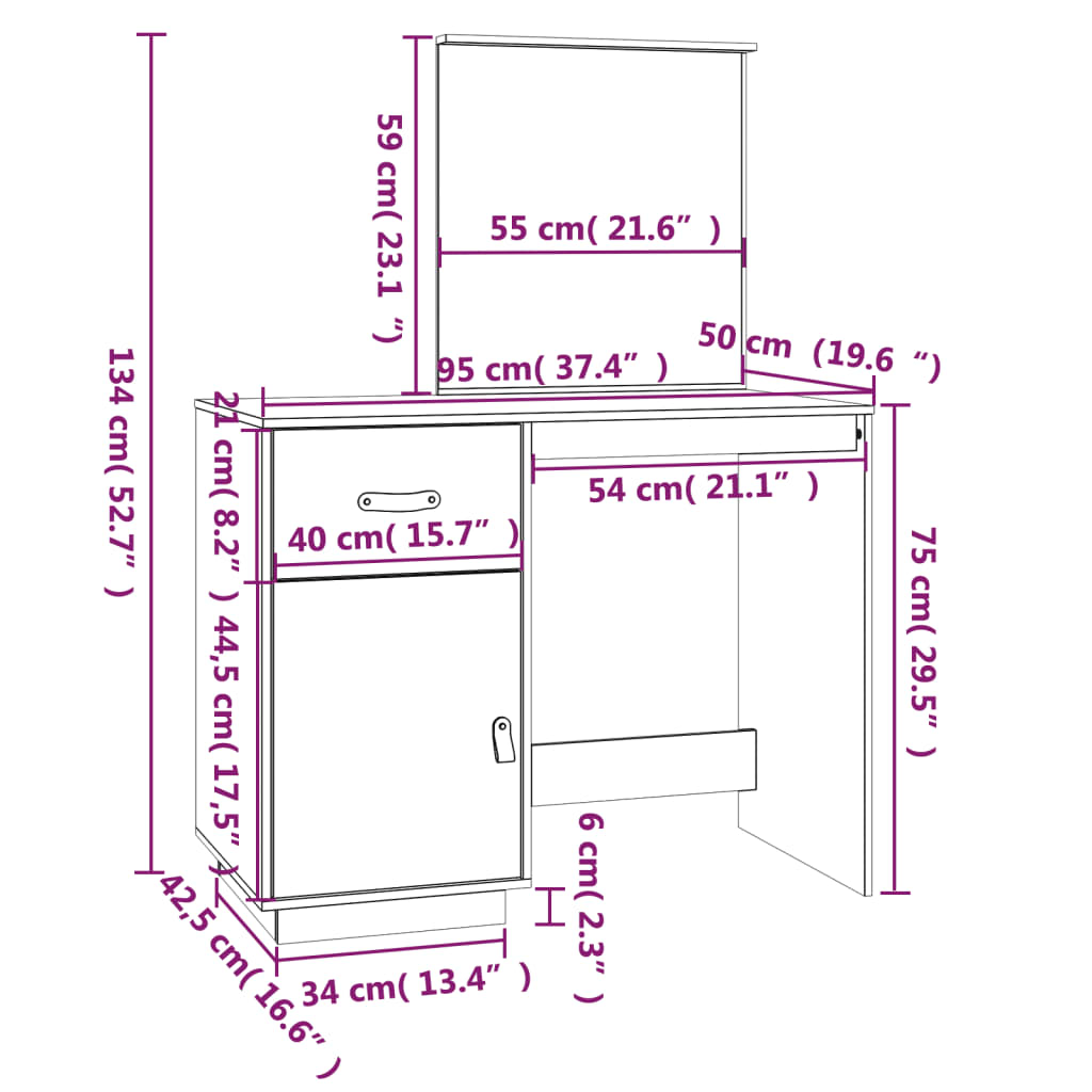 Măsuță de toaletă, gri, 95x50x134 cm, lemn masiv de pin - Lando