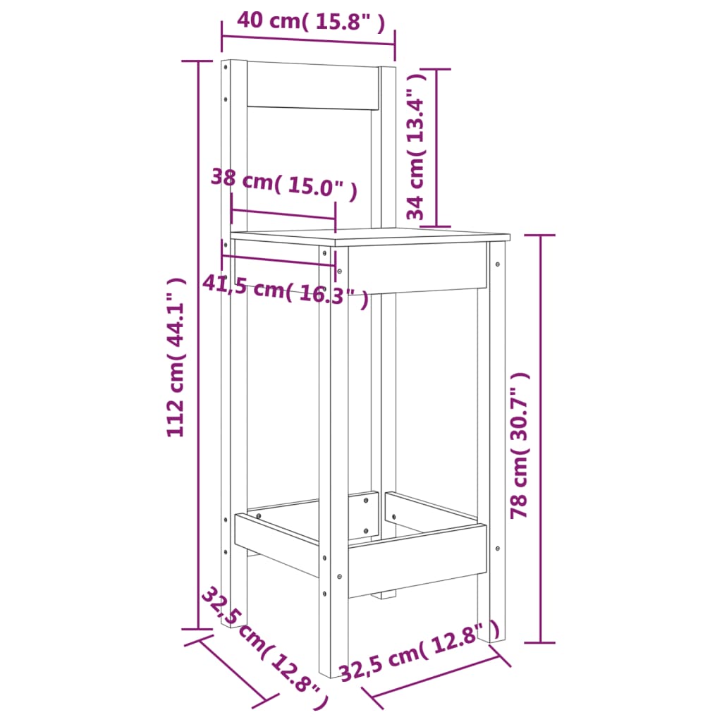 Scaune de bar, 2 buc., negru, 40x41,5x112 cm, lemn masiv pin Lando - Lando