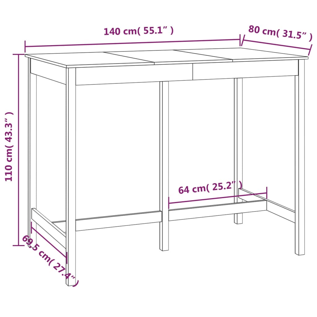 Masă de bar, alb, 140x80x110 cm, lemn masiv de pin - Lando