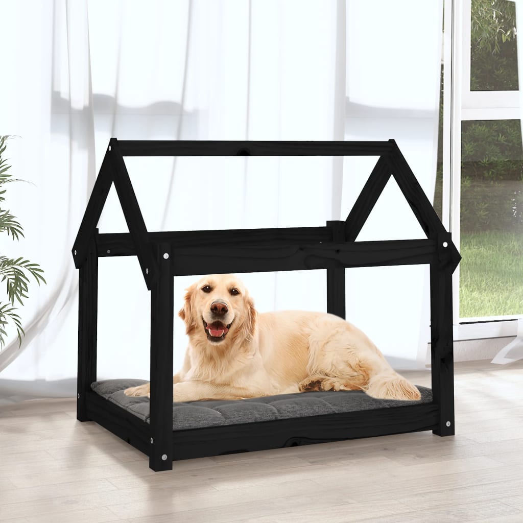 Pat pentru câini, negru, 81x60x70 cm, lemn masiv de pin - Lando