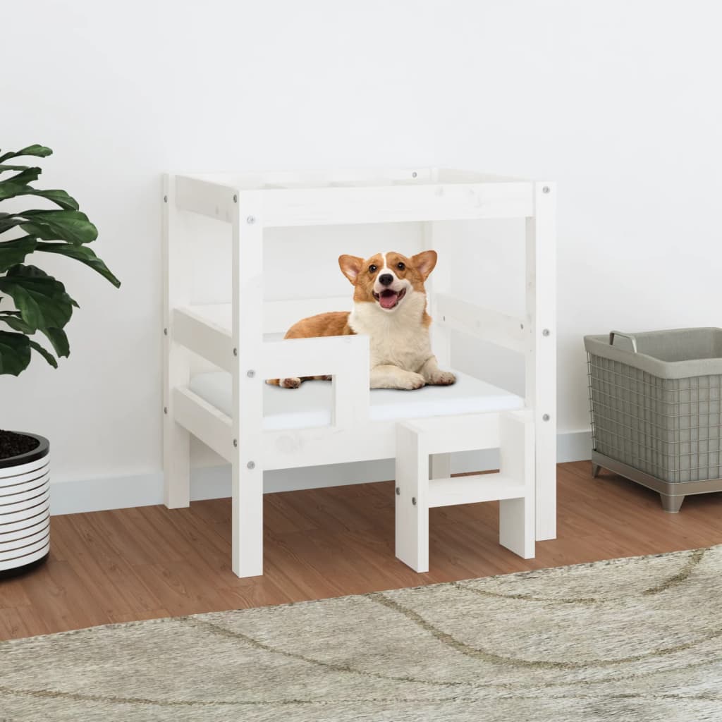 Pat pentru câini, alb, 55,5x53,5x60 cm, lemn masiv de pin - Lando