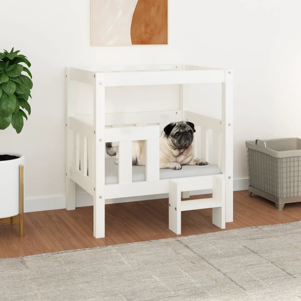 Pat pentru câini, alb, 65,5x43x70 cm, lemn masiv de pin - Lando