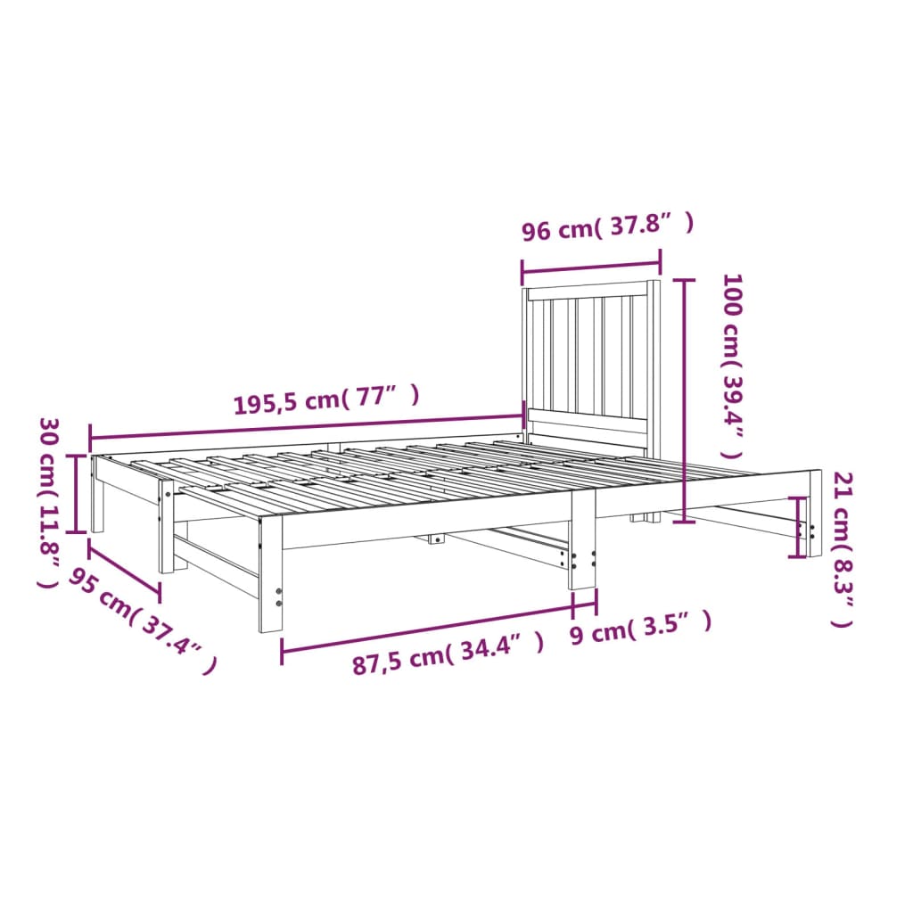 Pat de zi extensibil, negru, 2x(90x190) cm, lemn masiv de pin - Lando