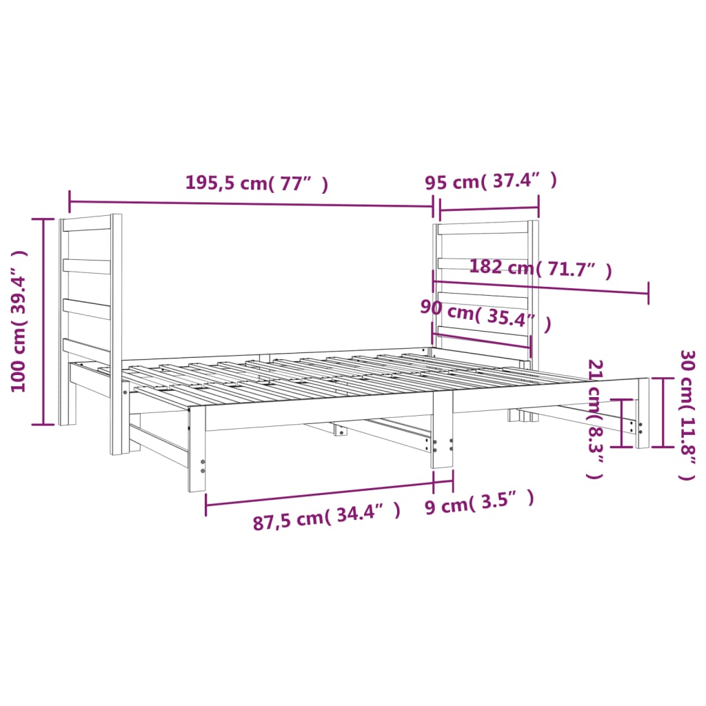 Pat de zi extensibil, alb, 2x(90x190) cm, lemn masiv de pin - Lando