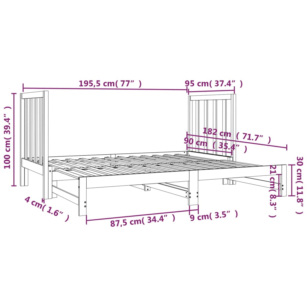 Pat de zi extensibil, alb, 2x(90x190) cm, lemn masiv de pin - Lando