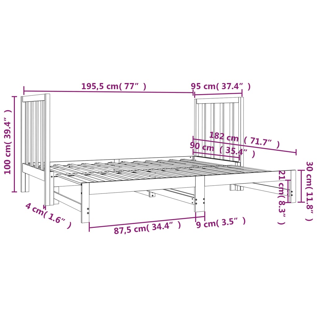 Pat de zi extensibil, negru, 2x(90x190) cm, lemn masiv de pin - Lando