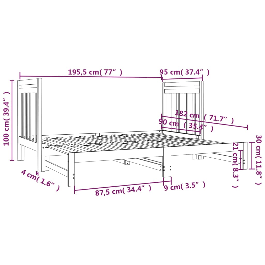 Pat de zi extensibil, gri, 2x(90x190) cm, lemn masiv de pin - Lando