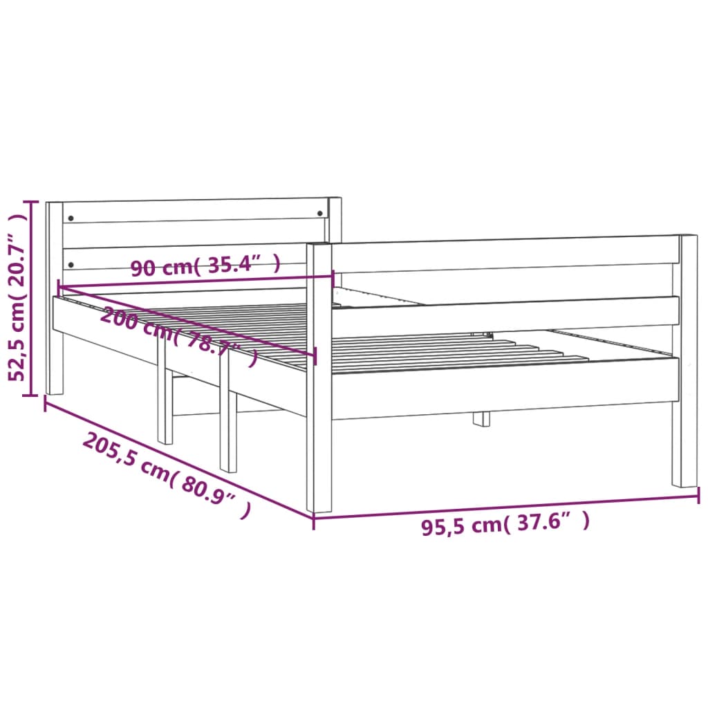 Cadru de pat, gri, 90x200 cm, lemn masiv de pin - Lando