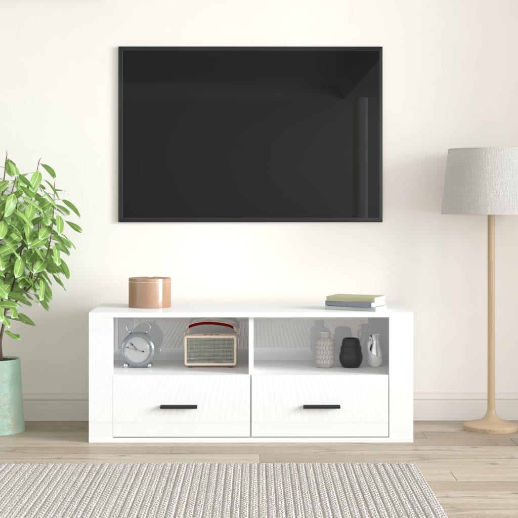 Comodă TV, alb extralucios, 100x35x40 cm, lemn prelucrat Lando - Lando