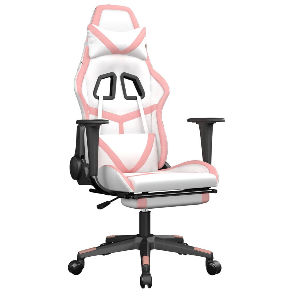 Scaun de gaming cu suport picioare, alb/roz, piele ecologică - Lando