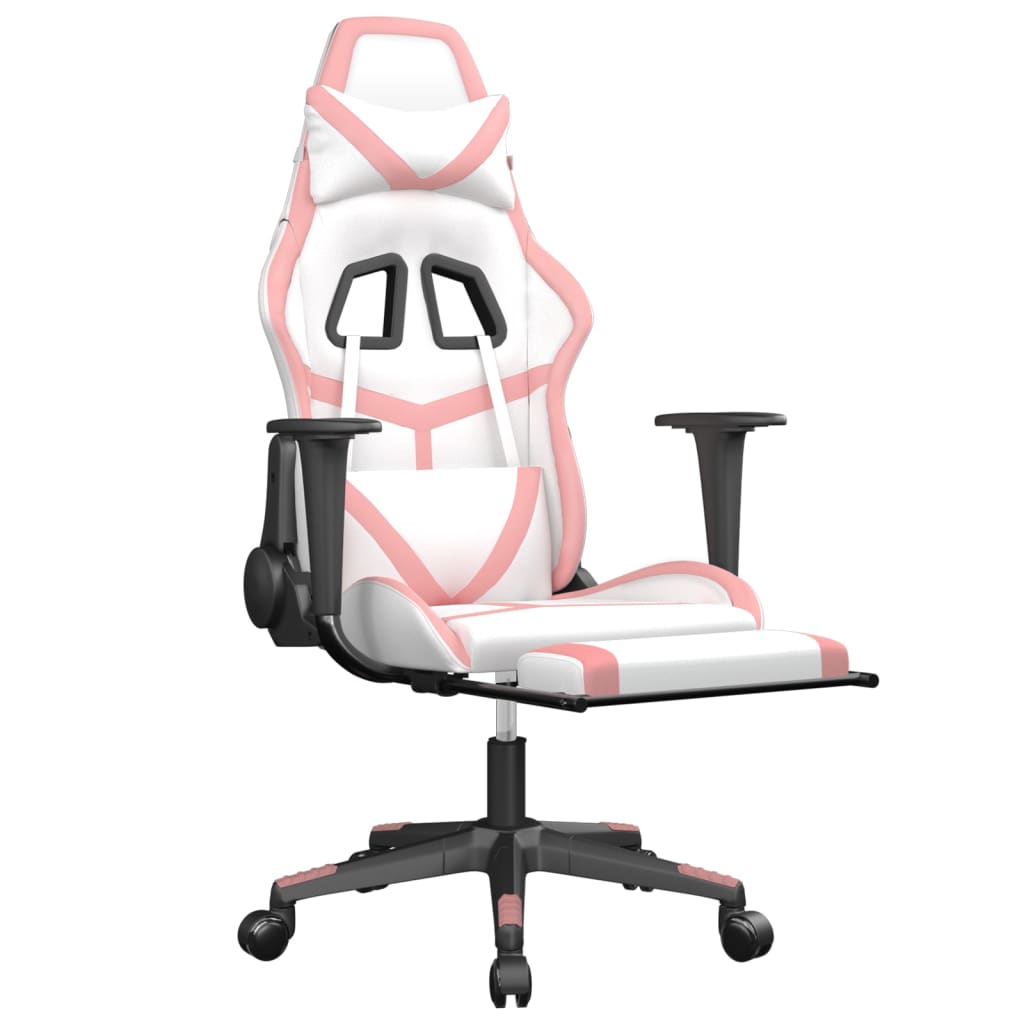 Scaun de gaming cu suport picioare, alb/roz, piele ecologică - Lando
