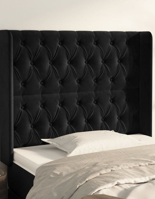Încărcați imaginea în vizualizatorul Galerie, Tăblie de pat cu aripioare, negru, 103x16x118/128 cm, catifea - Lando
