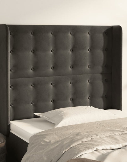 Încărcați imaginea în vizualizatorul Galerie, Tăblie de pat cu aripioare gri închis 103x16x118/128 cm catifea - Lando
