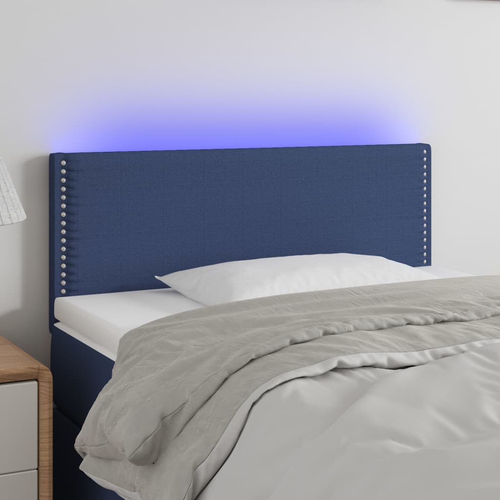 Tăblie de pat cu LED, albastru, 100x5x78/88 cm, textil - Lando